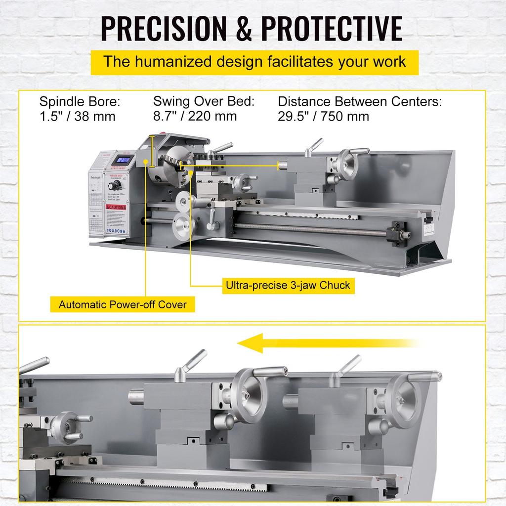 VEVOR 1100W Mini Metal Lathe 220MMx750MM Variable-Speed Metal Lathe RPM Metal Milling Machine Digital Milling Metal Lathe with 3-Jaw Chuck