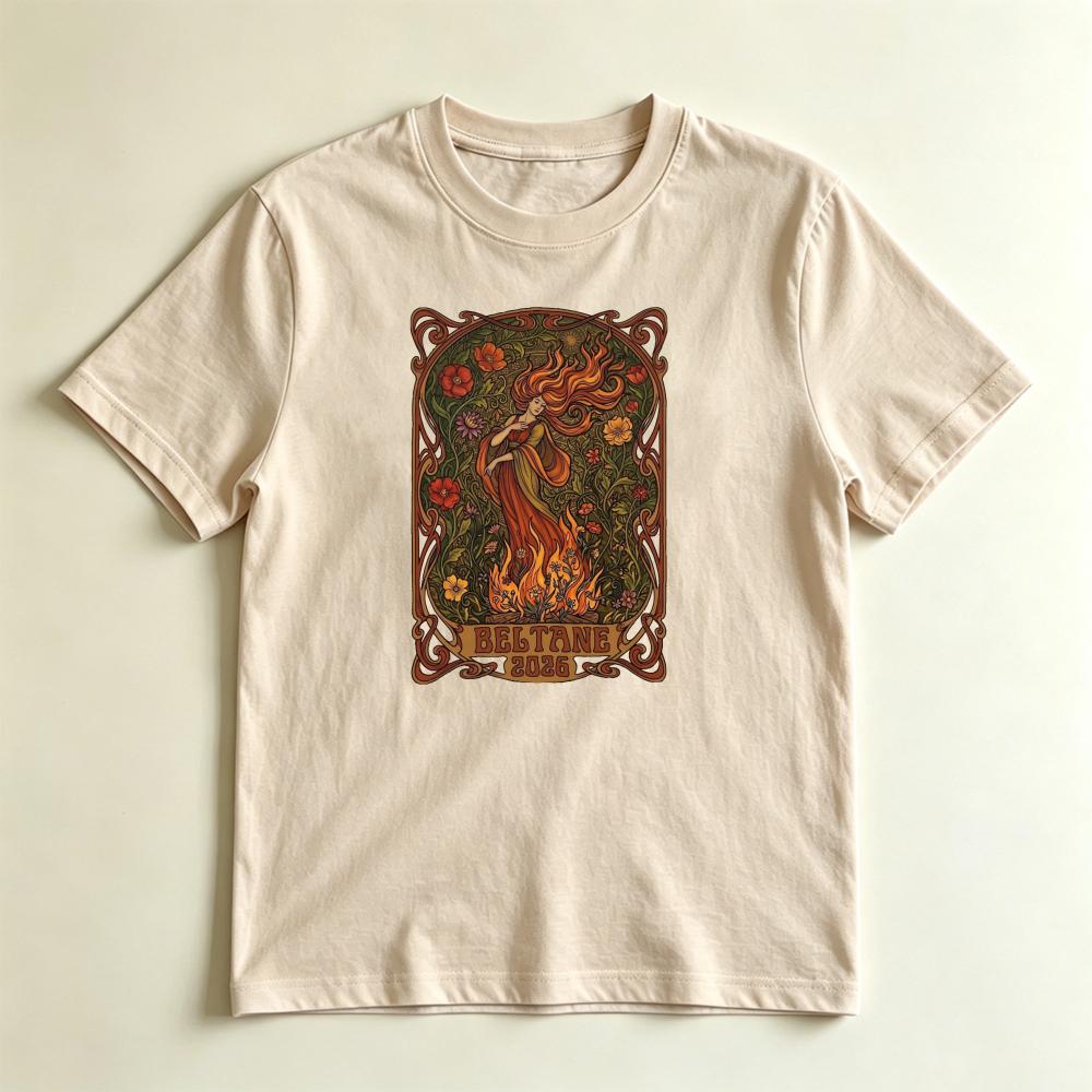 Vintage Art Nouveau Beltane TShirt Pagan Fire Festival Goddess Graphic Tee Witchy Floral Nature Inspired Casual Unisex Shirt