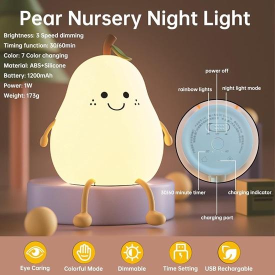 Rechargeable Silicone Pear Night Lamp, Touch Control Color-Changing LED Light with 7 Colors, , Ideal Baby Gift (Warm White)