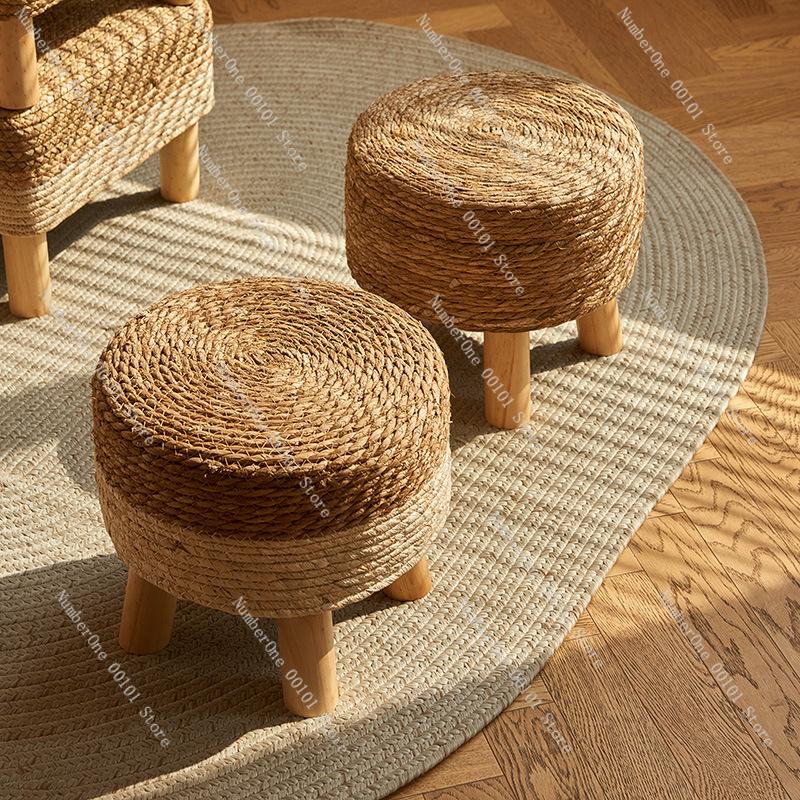 Pastoral Rattan Shoe Stool Small Round Stool Living Room Woven Sitting Pier