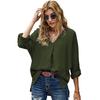 Women's V Neck Three Quarter Sleeve Blouse Loose Fit Office Solid Color High Low Hem Shirt Casual Work Top For Autumn Daily Wear