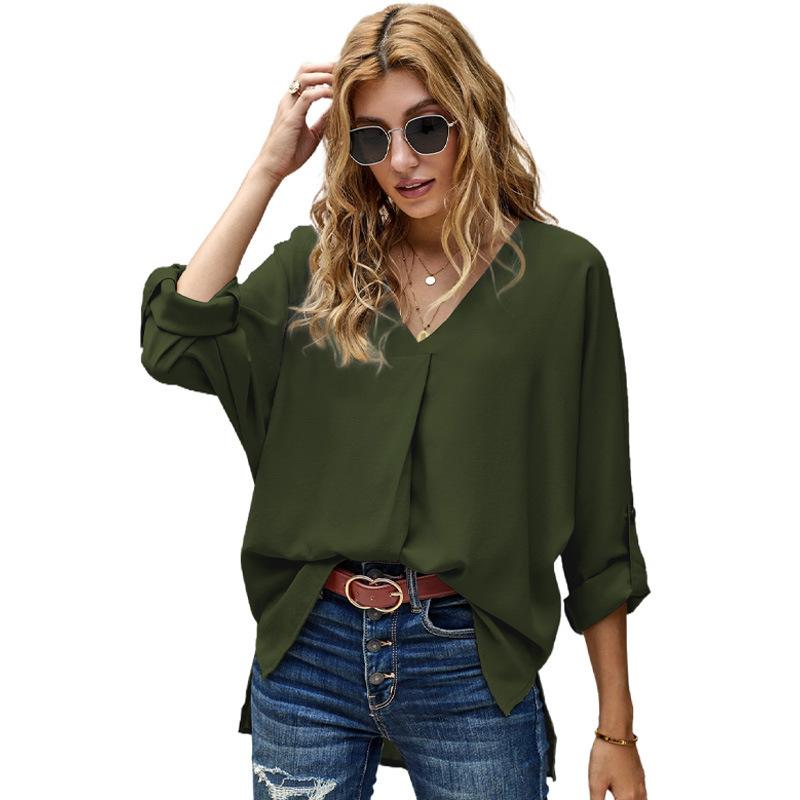 Women's V Neck Three Quarter Sleeve Blouse Loose Fit Office Solid Color High Low Hem Shirt Casual Work Top For Autumn Daily Wear