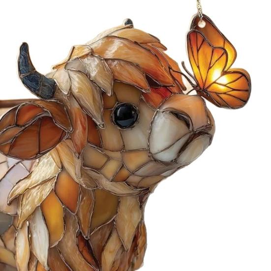 Highland Ko Fjäril Solfångare Glasmålning Stil Fönsterhängande Prydnad Akryl Gårdsdjur Solfångare för Hem Solrum Trädgård Dekor Gåva för