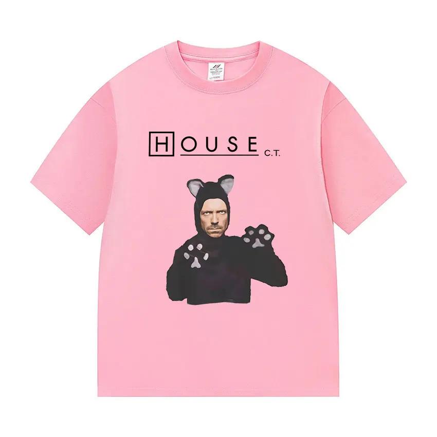 Lustiges House MD als Katze Meme Grafik T-Shirt Herren Damen Retro Oversized Kurzarm T-Shirts Mode Hohe Qualität Baumwolle T-Shirt