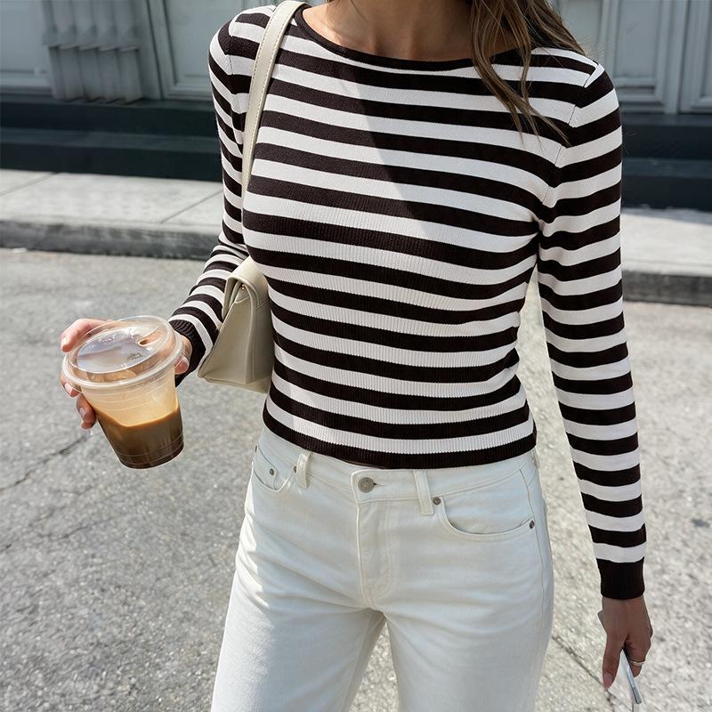 Suéter Pulóver Nuevo Estilo Invierno y Otoño Top Básico de Punto de Moda Suéter Rayado para Mujer