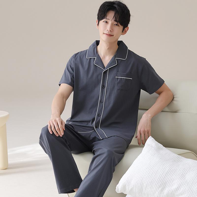 Lycra cotton couple pajamas summer pure cotton short-sleeved trousers loose and cool can be worn outside men's loungewear suit