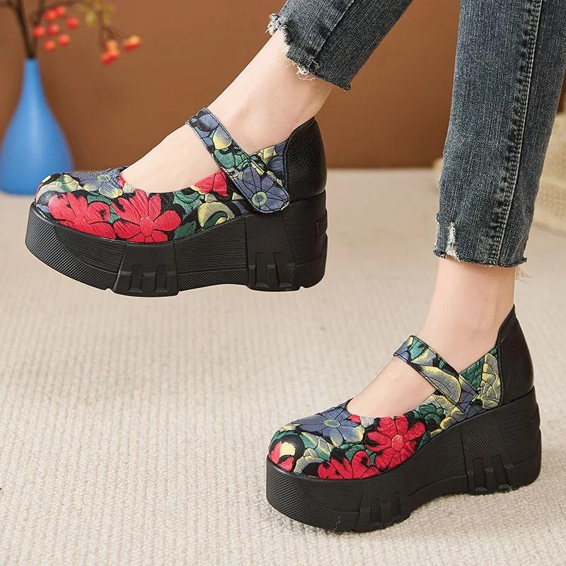 Fashion High Quality 7CM Genuine Leather Pigskin Moccasins Ladies Summer Women Thick Soled Flats Platform Wedge Sandals Round Toe Shoes