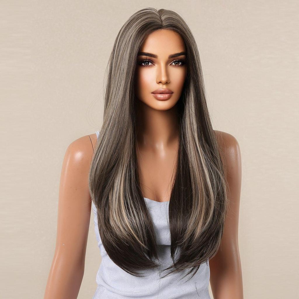 Long Straight Hairline Lace Wigs Black with Brown Highlight Synthetic Wig for Women Afro Daily Natural Heat Resistant Fiber