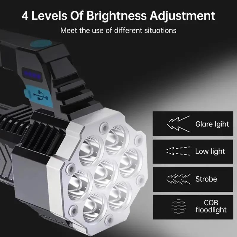 High Power Rechargeable LED Flashlights 7/4LED Camping Torch With COB Side Light Lightweight Outdoor Lighting ABS Material