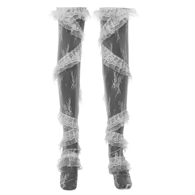 Flower Pattern See Through Lace Thigh High Stockings for Women Over Knee Long Socks with Twill Ruffle Trim Patchwork