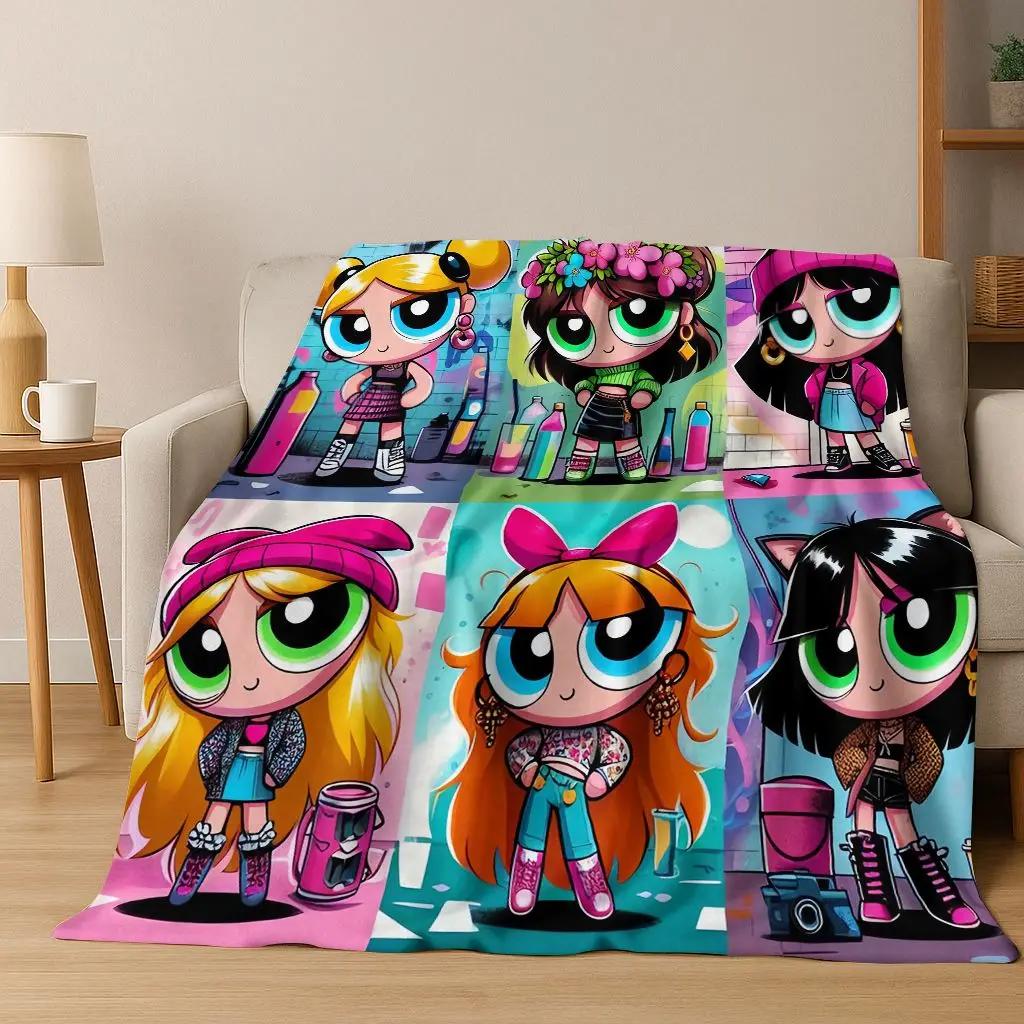 Κουβέρτα φανέλας κινουμένων σχεδίων P-Powerpuff Girl χαριτωμένη τέχνη, ζεστή μαλακή κουβέρτα για το σπίτι, υπνοδωμάτιο, κρεβάτι, καναπές, πικνίκ, γραφείο, δώρο, παιδί