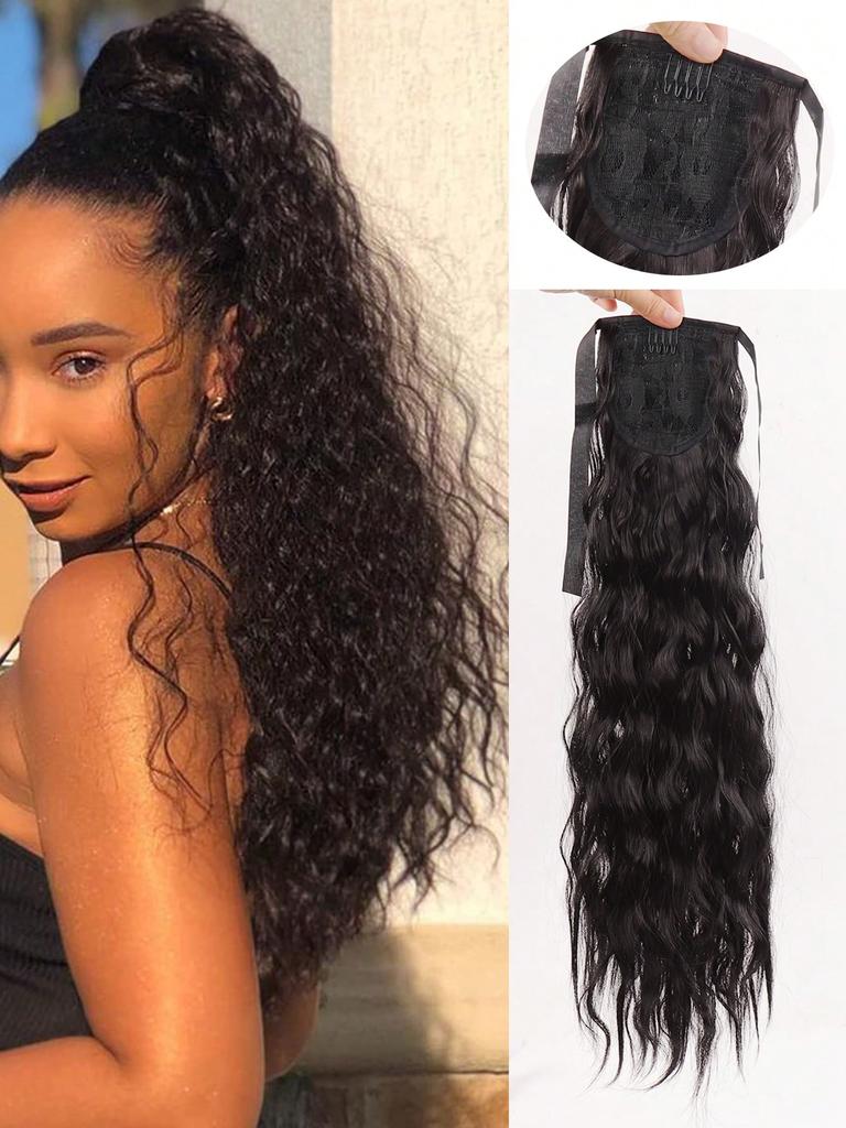 Synthetic Lace-up Long Corn Wavy Ponytail Extension Heat Resistant Wavy Wrap Around Ponytail Black Brown Hairpiece For Women