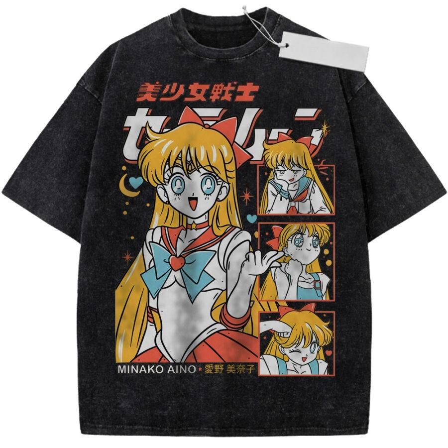 Unisex Washed Black Vintage Tshirt Japanese Anime Girl Floral Kimono Highquality Fabric for Home Leisure Travel Shopping