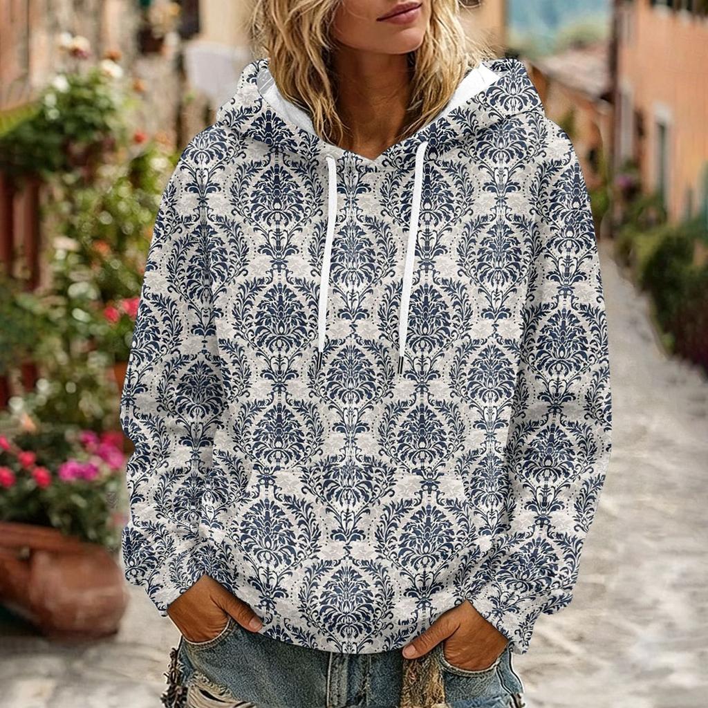 Women's Floral Print Long Sleeve Hoodie with Pocket and Casual Pullover Sweatshirt