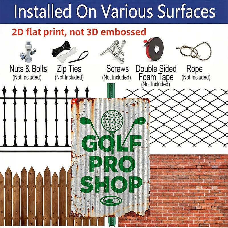 2D Flat, 1pc Golf Pro Shop Aluminum Sign - 8x12 Inch Vintage Golf Clubs & Ball Design - for Man Cave, Office Decor - Easy Hang Pre-Drilled Holes