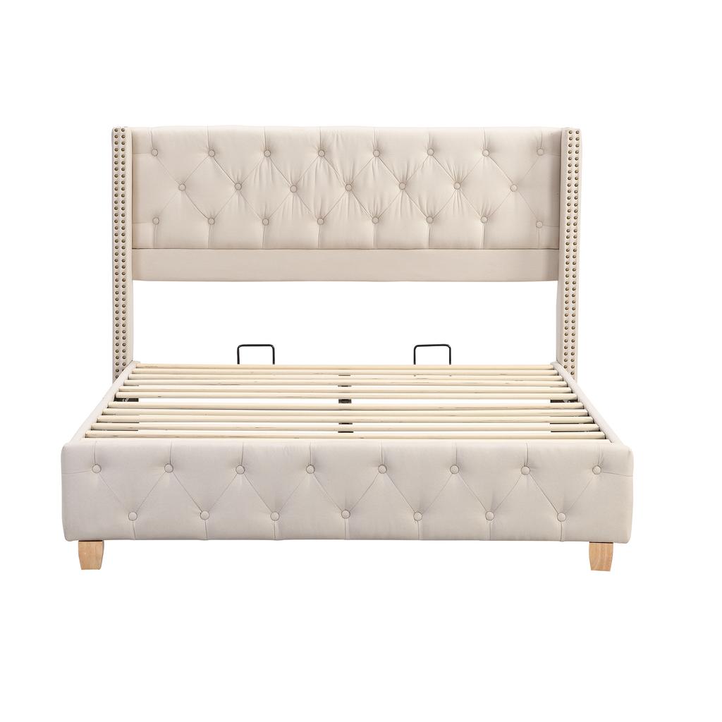 Upholstered Bed 160*200cm with Slatted Frame and Headboard, Button Upholstery, Rivet Upholstery, Wooden Legs, Linen, Beige