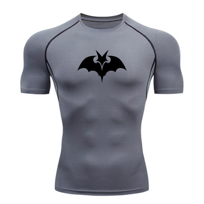 Men's Compression Workout T-shirt, Black Bat Pattern Quick Dry Breathable Athletic Top for Gym Running Training Sports F