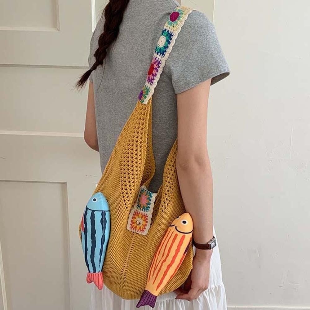 Fish Hollow Out Woven Bag Magnetic Buckle Tassels Beach Handbag Cotton Crochet Shoulder Bag  Beach