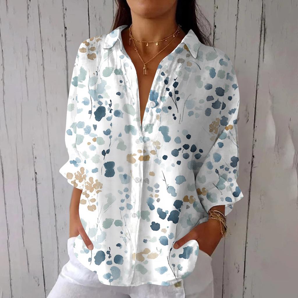 Women's Fashion 3/4 Sleeve Casual Lapel Back Tie- Floral Print T-Shirt Top