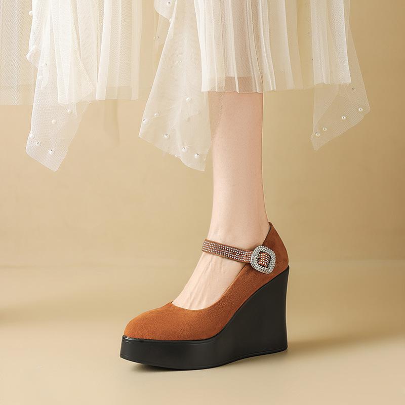 10.5CM ultra-high heel single shoes 2025 spring and autumn new round head thick sole wedge heel shallow mouth one-word buckle belt small leather