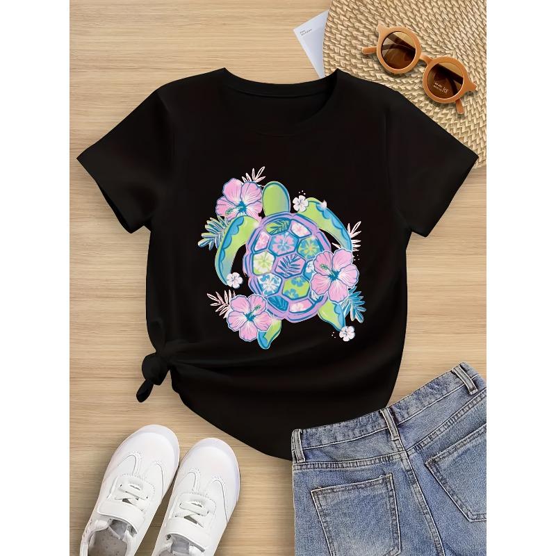 Tropical Girls' T-Shirt Made of Featuring a Sea Turtle Pink Blossoms Offering a Fresh And Artistic Vibe Essential for Casual Wear