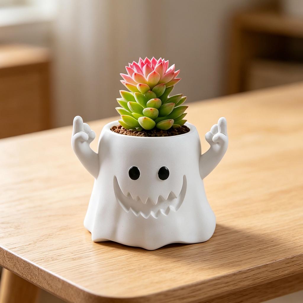 Resin Desktop Planter with Ghost Design Decorative Pot for Indoor Outdoor Use Unique Resin Sculpture Plant Holder for Home Office Desk