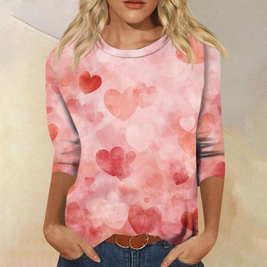 Women's Fashionable Casual Three-quarter Sleeve Valentine's Day Print Round Neck Pullover Top