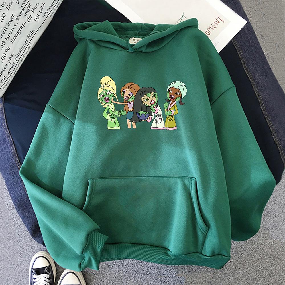 Letter Bratz Hoodies Women Casual Crewneck Sweatshirts Men Kpop Sportswear Fleece Warm Fleece Loose Hoody Green