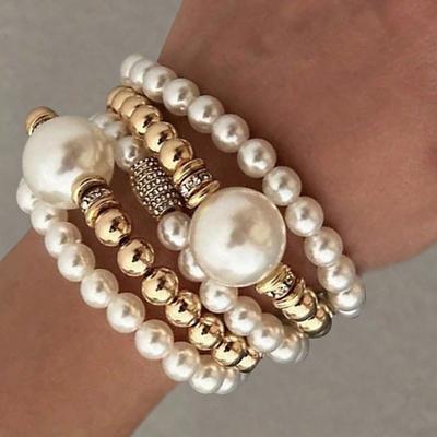 Nova moda exagerada pulseira de contas redondas imitação de pérola conjunto de 5 peças conjunto de joias criativas empilhadas