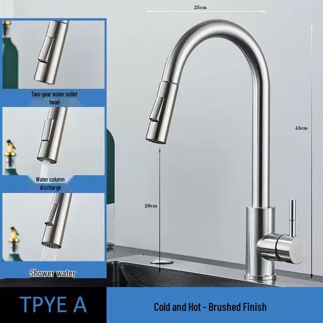Stainless Steel Pull-out Kitchen Faucet with Hot/Cold Anti-Splash Sprayer for Sink and Basin 201 Stainless Steel (Brushed)