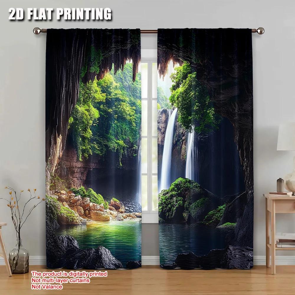 2pcs 2D flat printing Party Window Curtains Waterfall cave nature picture art 100% Polyester Without Electricity Spring Party &