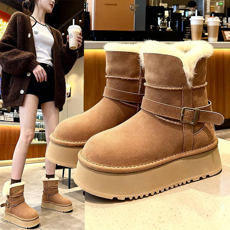 Women's lightweight belt thick sole winter warm one-step snow boots padded lining non-slip wear casual sports cotton boots