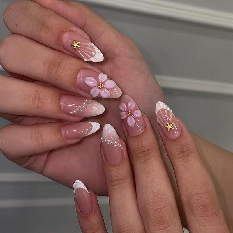 24Pcs French White Gradient Almond Press On Nails With 3D Rhinestone Flower Design Fake Nail Art Tips