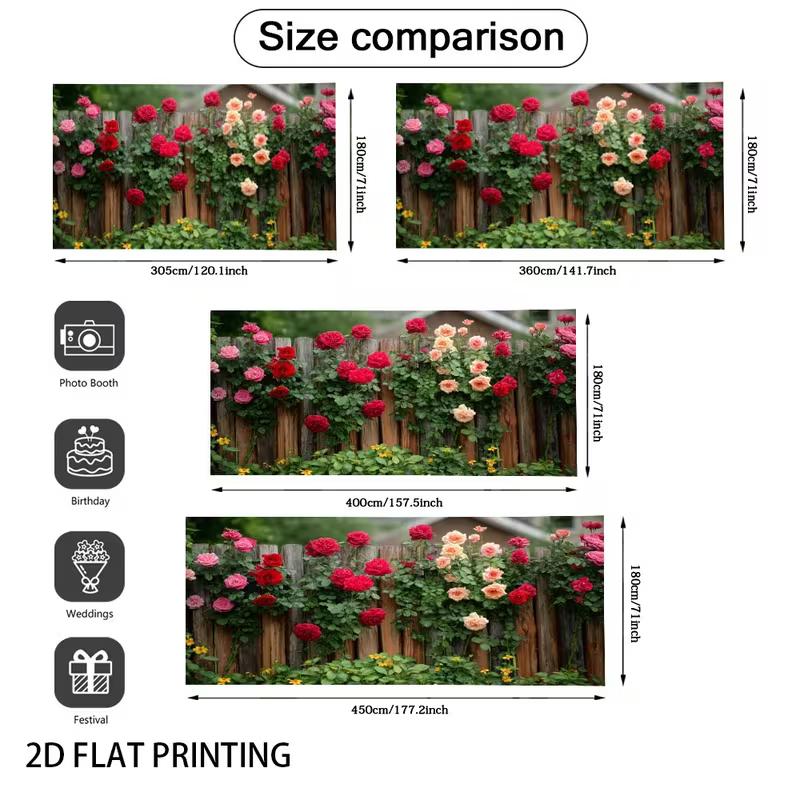 2D Romantic Rose Vine Fence Backdrop, Natural Garden Scene Garage Door Cover for Party Decoration