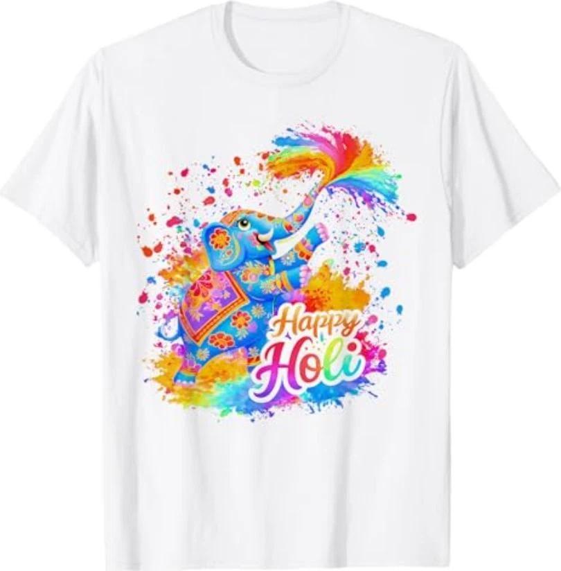 Happy Holi 2026 Kids India Hindu Colorful Elephant Festival T-Shirt 4XL