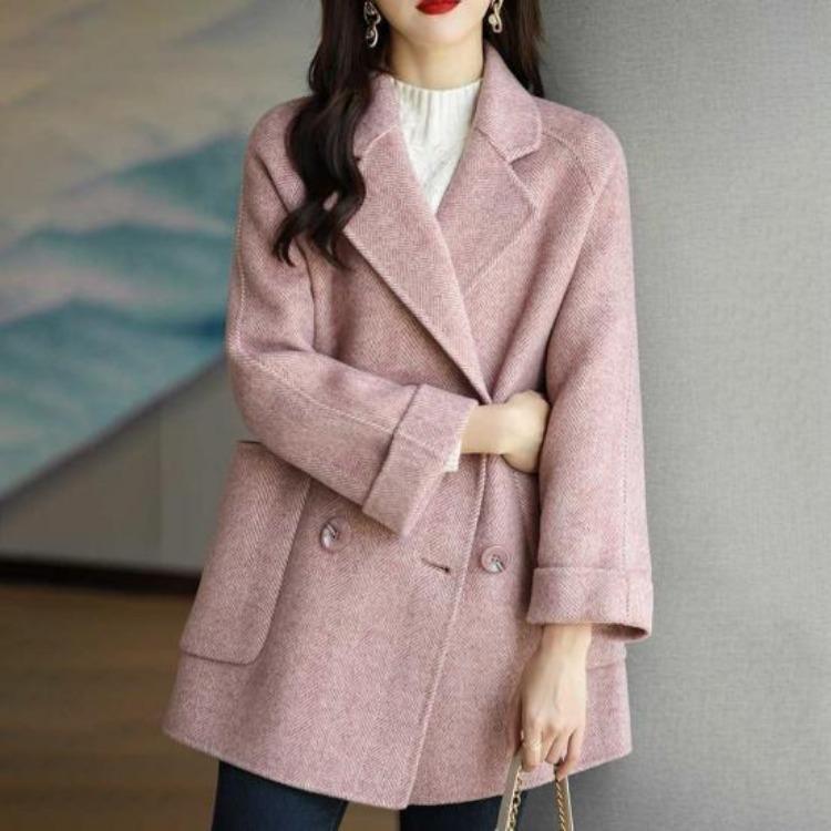 Women Winter Overcoat Woolen Coat Double Breasted Mid Length Formal Business Jacket Turn Down Collar OL Commuting Solid Color Thick Outerwear