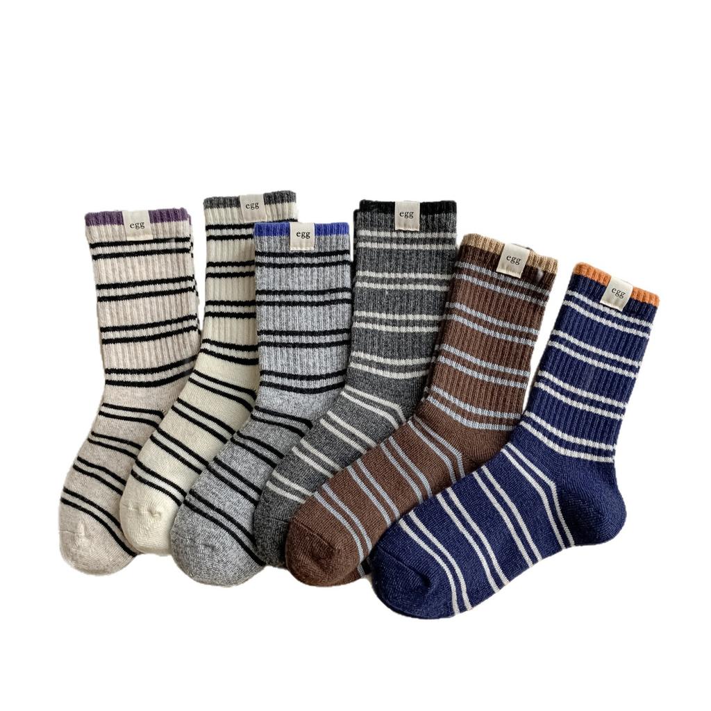 Korean Egg Cloth Label Warm Striped Socks Sheep Wool Mid-Leg Socks Women Versatile Atmosphere Stacked Socks