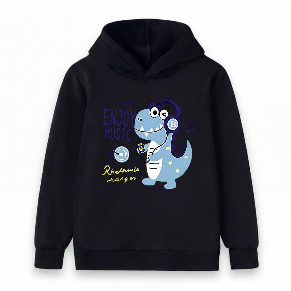 Kids Boys Girls Cute Cartoon Dinosaur Enjoy Music Pattern Pullover Hoodie Casual Soft Long Sleeve Hooded Sweatshirt For Toddler Children Daily