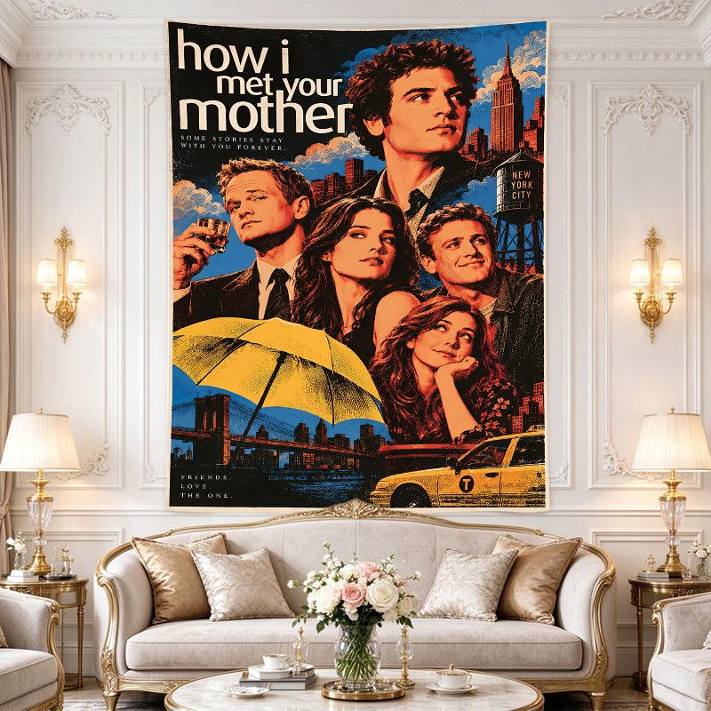 How I Met Your Mother: The gang of friends beneath the iconic yellow umbrella over a yellow cab and NYC skyline, sitcom poster, rich, Tapestry