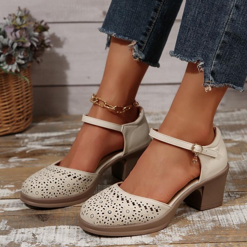 Ankle Strap High Heels for Women 2025 Summer Hollow Out Breathable Woman Comfortable Baotou Chunky Heeled Mary Jane Shoes