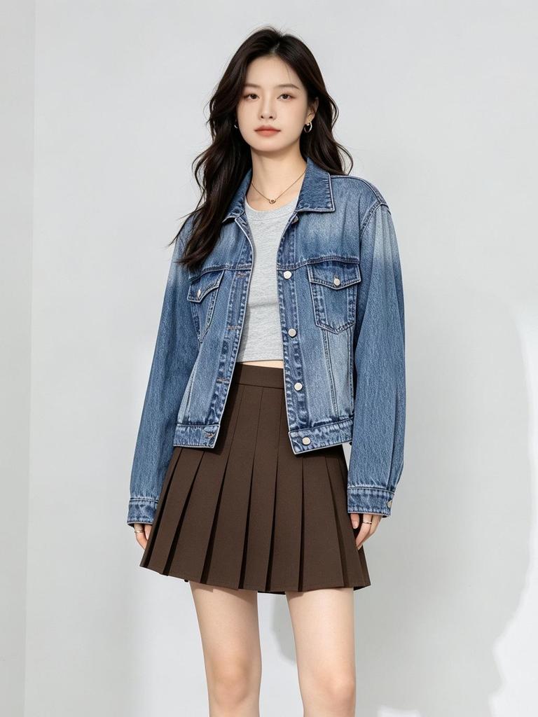 Xin Ge Women's Gradient Denim Jacket - Relaxed Fit, Washed Blue, Slimming, Versatile Lapel Style for Commute.