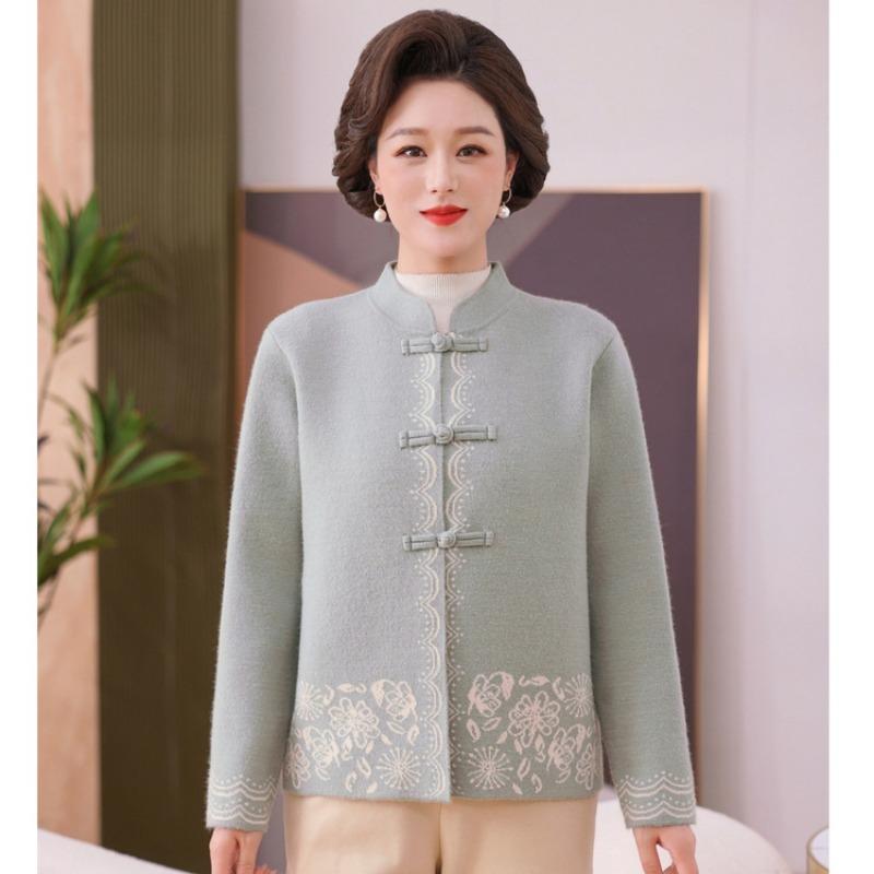 Mom spring, autumn and winter new stand-up collar disc-buckled embroidered cardigan jacket in the elderly and women's knitted Tang suit top