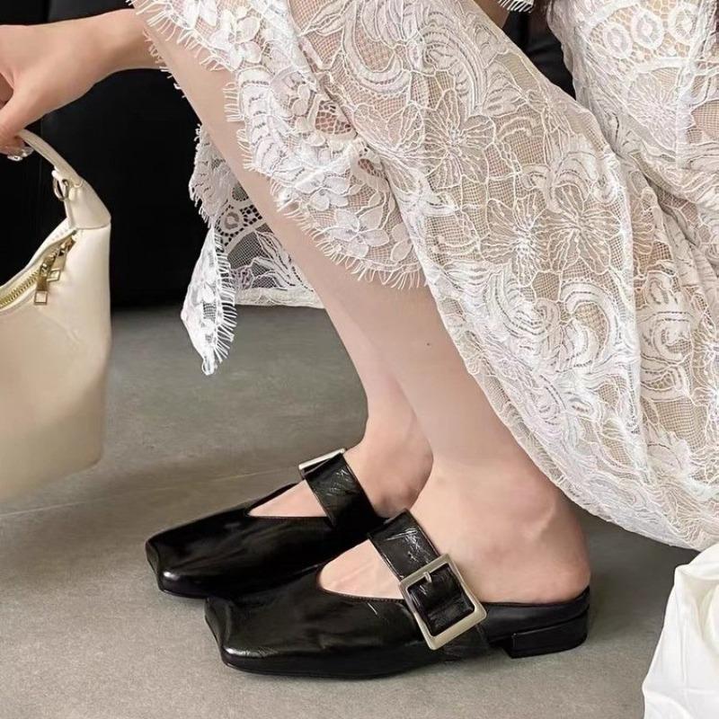 Fashion Spring New Shallow Slippers Women's Shoes Women's Versatile Fashion Square Toe Metal Buckle Soft Sole Block Heel Shoes