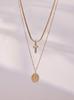 18K Gold Plated Stainless Steel Zircon Cross Pendant Layered Necklace with Double Blade Chain