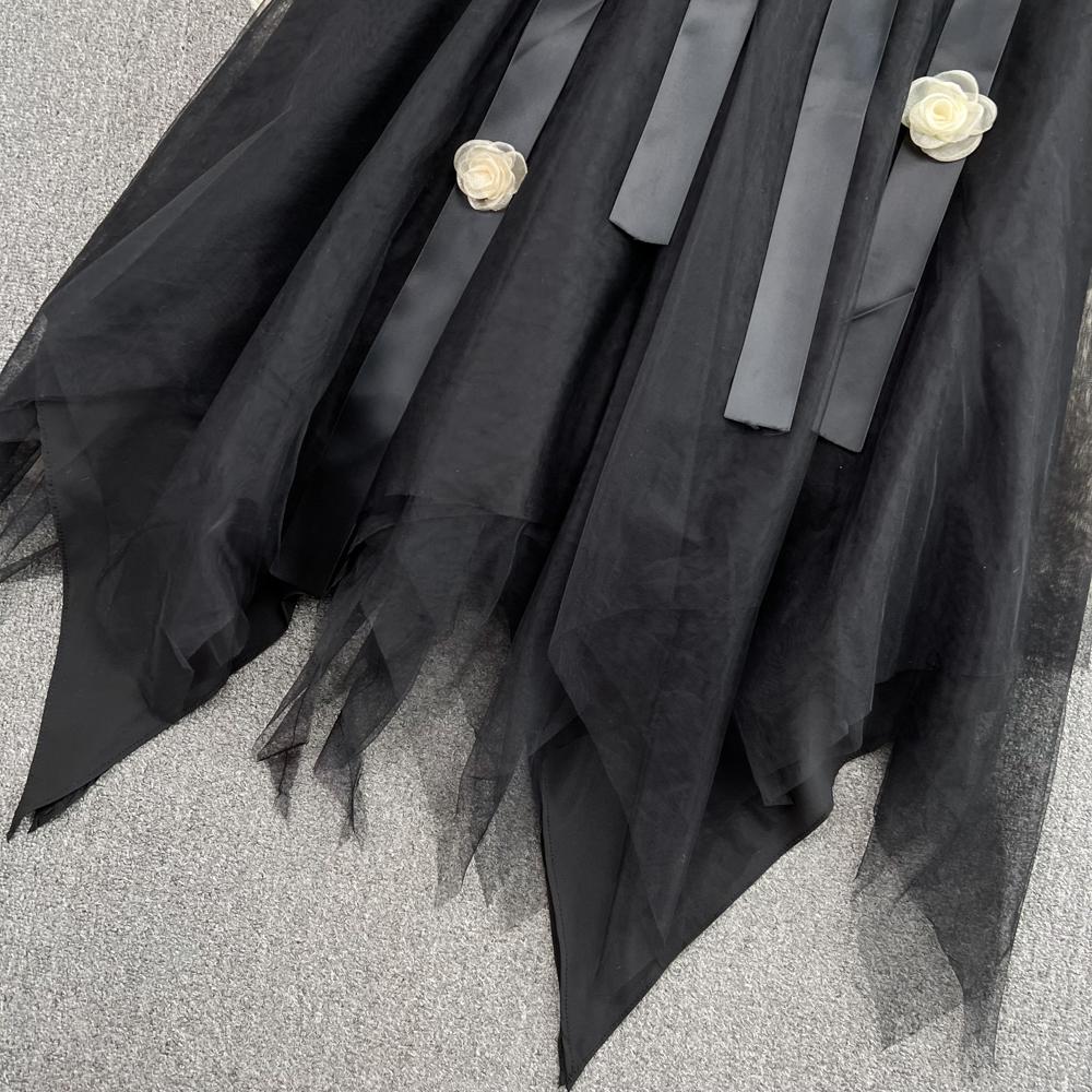 Fashion Suit Women Slanted Collar Off-Shoulder Slim Short Top Two Piece High Waist Irregular Mesh Skirt