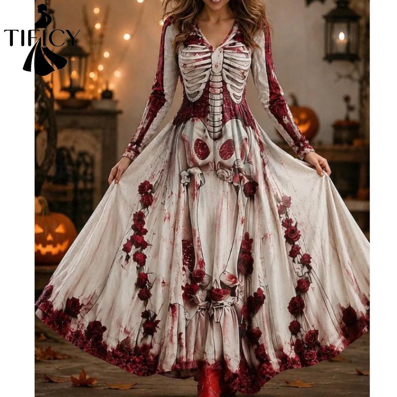 IFICY Women's Fashion Spring Autumn Long Sleeve V‑Neck High Waist Retro Bohemian Casual Dresses