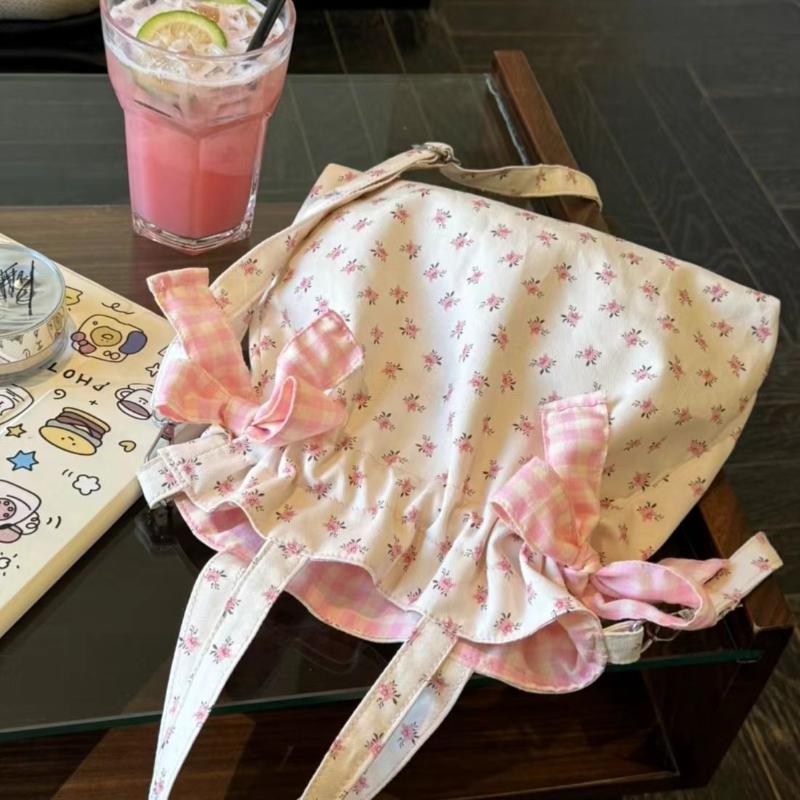 Cute Floral Print Handbag 3-in-1 Versatile Storage Shoulder Bag With Bow Decor Ruffle Edge Design Women Pink Crossbody Phe Bag