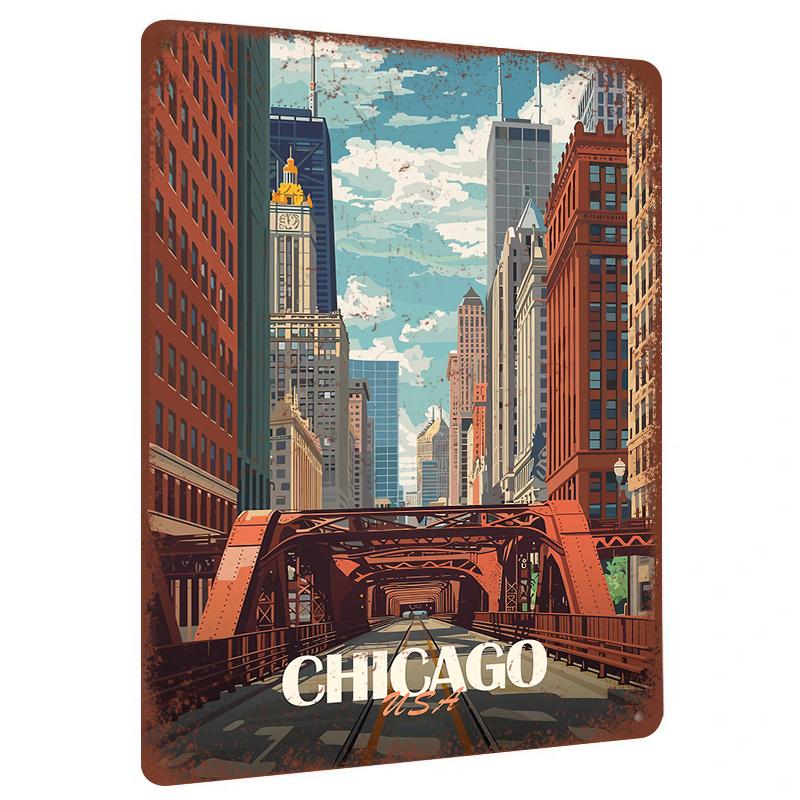 

Chicago City Skyline Vintage Metal Wall Art American Architecture Decorative Painting for Living Room Bedroom 20x30cm（7.8x11.8inch）