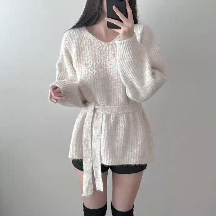 Autumn and Winter Solid Color V-neck Sweater with Scarf for Women Long Sleeved Knitted Sweater Top