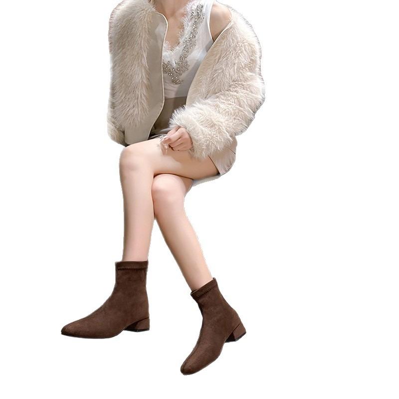 Shoes Women's New Boots Autumn Square Head Thick Heel Small Boots Show Height Spring and Autumn Suede Short Boots